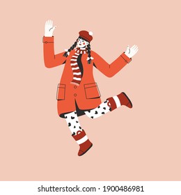 Young girl in red coat jumping and spreading her arms to sides. Happy kid wearing warm autumn clothes and playing outdoors. Leisure activity. Vector character illustration isolated on white background