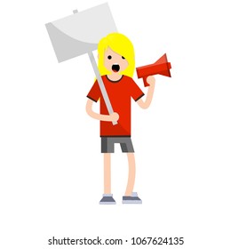 a young girl in a red dress rally against. A woman protests with a loudspeaker and a banner. megaphone for loud sound in your hands. Cartoon flat illustration -  attract attention