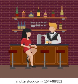 A young girl in a red dress sits on a high bar stool and waits for an order for a glass of beer. The bartender pours alcohol into a mug. The interior of the bar cafe pub. Vector flat illustration.