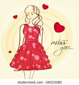 Young girl in red dress with text Miss You on hearts decorated background for Happy Valentines Day celebration.