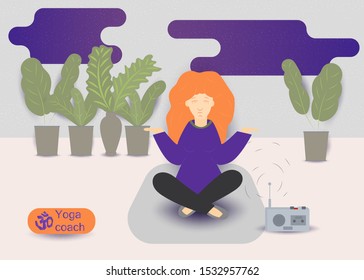 a young girl with red hair doing gymnastics yoga exercise on a Mat vector illustration without contours in the style of flat concept design for the design of various baked web products EPS 10