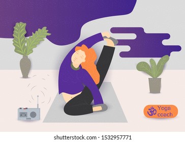 a young girl with red hair doing gymnastics yoga exercise on a Mat vector illustration without contours in the style of flat concept design for the design of various baked web products EPS 10