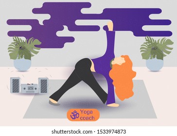 a young girl with red hair doing gymnastics yoga exercise on a Mat vector illustration without contours in the style of flat concept design for the design of various baked web products EPS 10