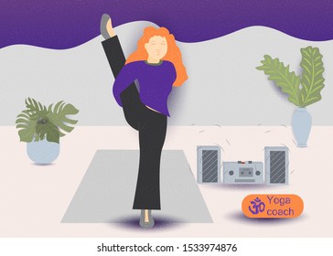 a young girl with red hair doing gymnastics yoga exercise on a Mat vector illustration without contours in the style of flat concept design for the design of various baked web products EPS 10