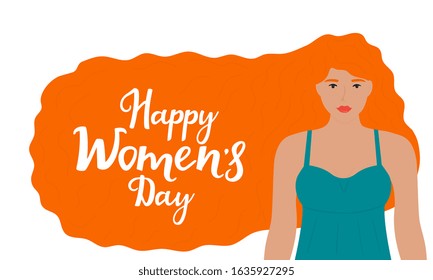 Young girl with red hair. Happy Women's Day congratulatory banner with hand drawn lettering.