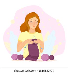 young girl with red hair with needlework in her hands, woman knits a scarf, balls of yarn, hobbies and hobbies vector illustration, concept art of homework