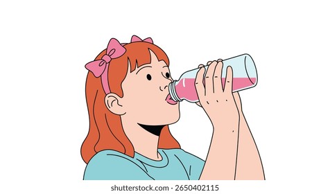 A young girl with red hair and a pink bow drinks from a clear bottle filled with pink liquid