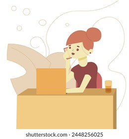 young girl with red hair sitting at the table looking at the laptop and talking on the phone, vector, flat graphics
