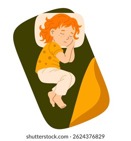 Young girl with red hair sleeping on her side in yellow pajamas, covered with an orange blanket