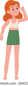 A young girl with red hair stands confidently in a sleeveless top and green skirt. She gestures with a thoughtful expression and a friendly smile. Cartoon vector illustration.