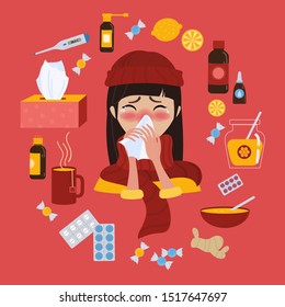 Young girl in red hat caught cold flu or virus. With red nose, high temperature and holds handkerchief. Ways to treat illness in a circle around. Vector isolated objects on red background