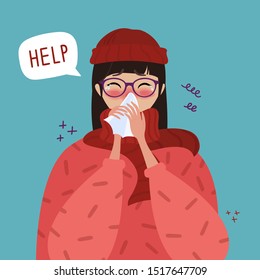 Young girl in red hat caught cold flu or virus. With red nose, high temperature and holds handkerchief. Help speech bubble. Vector isolated objects on blu background