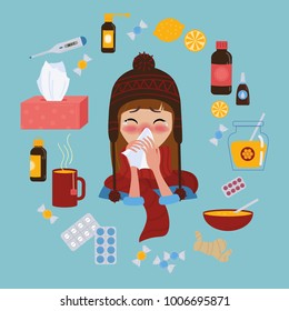 Young girl in red hat and scarf caught cold flu or virus. She has red nose, high temperature and holds napkin. Ways to treat illness. Pills, honey, tea, medicine. Vector isolated objects on background