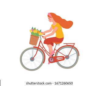 Young girl with red long hair riding bicycle with flower bouquet in front basket. Happy young woman on bike. Time to ride a bike. Flat colorful vector illustration.