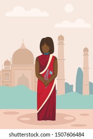 Young Girl in Red Sari with Dot on Forehead. Vector Illustration. Traveling Countries. Travel Agency. National Clothing. Postcard Representing Country. Details and Landmarks Country. Unique Landscape.