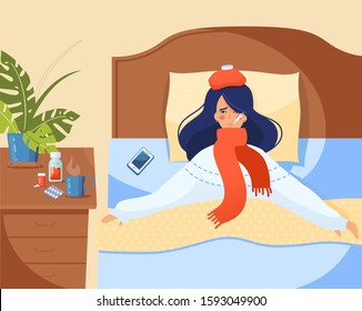 A Young girl in red scarf caught cold flu or virus. With red nose, high temperature lies in bed with a hotty. Ways to treat illness. Flat vector modern illustration concept. quarantine