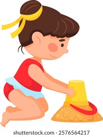 Young girl in a red swimsuit is building a sandcastle with a yellow bucket. Her hair is tied with a yellow ribbon, illustrating playful summer fun at the seaside