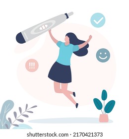 Young girl rejoices at positive pregnancy test. Female character jumping for happiness. After unsuccessful attempts, woman managed to get pregnant. Concept of future motherhood. Vector illustration