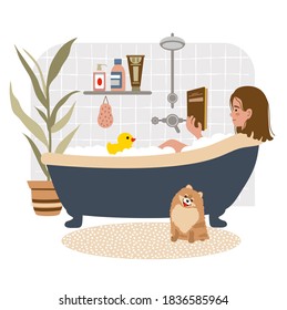 Young girl relaxes in bath and reads book. Daily life and everyday routine. Girl is in cozy bathroom with home plants and dog. Cartoon vector illustration in flat style.