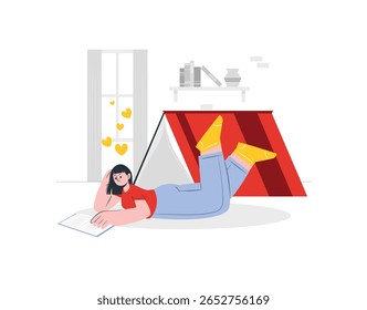 Menina relaxando com um livro dentro de uma armação divertida tenda interior. Momento de leitura acolhedor e tranquilo em um ambiente doméstico moderno.