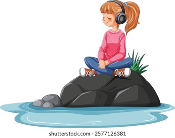 Young girl relaxing on a rock near water