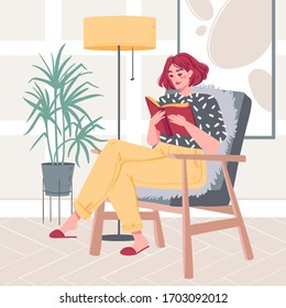 Young girl relaxing sitting in armchair  at home and reading interesting book. Cartoon flat, vector Illustration with cute woman. Cozy modern interior. Character passionate about the plot of book.