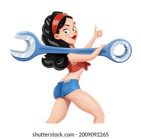 Young girl repairer with wrench. Repair service, car mechanic, sanitary technician. Cartoon character. Isolated on white background. Eps10 vector illustration.