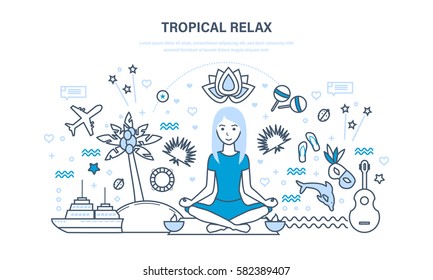 Young girl is resting, vacationing in warm countries, relaxes, restores the physical and mental strength. Illustration thin line design of vector doodles, infographics elements.