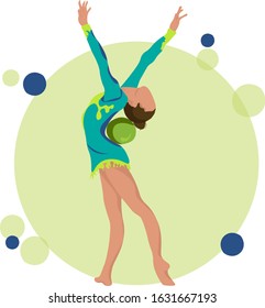 Young girl rhythmic gymnastics with ball vector illustration. Training performance strength gymnastics. Championship workout rhythmic gymnastics beautiful character.Women Acrobatic Gymnastics, flat