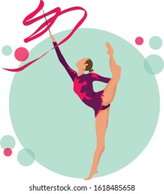 Young girl rhythmic gymnastics with ribbon vector illustration. Training performance strength gymnastics. Championship workout rhythmic gymnastics  