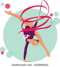 Young girl rhythmic gymnastics with ribbon vector illustration. Training performance strength gymnastics. Championship workout rhythmic gymnastics  