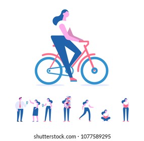 Young Girl ride bicycle. Vector flat illustration.