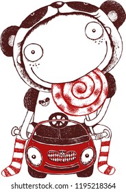young girl ride a car, Cute kid welcome.Vector and illustration