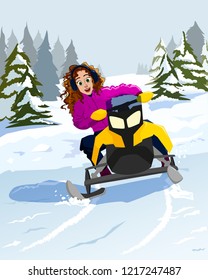 Young girl ride on snowmobile in forest in sunny winter day
