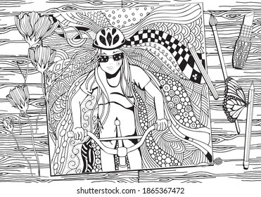 A young girl rides a bicycle at high speed. Coloring book page for adults. black and white. Zentangle patterns. Safety helmet. Bicycle and road