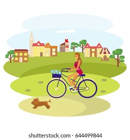 Young girl rides a bike with Dog in a village. Flat Cartoon Character. Colorful Vector Illustration eps 10