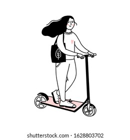 Young girl rides an electric kick scooter. Female character with eco tote bag on mobile and healthy transport. Black outline vector illustration.