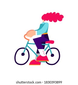 Young girl rides on female bike vector illustration. Healthy lifestyle and rest on nature. Adorable female bicyclist. Isolated cartoon characters on a white background.