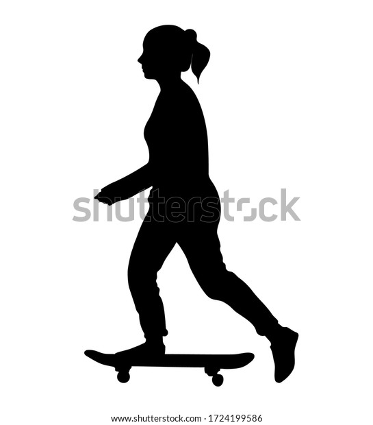 若い女の子はスケートボードに乗って地面を蹴り落とす 白い背景に黒いスケートボーダーシルエット ベクターイラスト のベクター画像素材 ロイヤリティフリー
