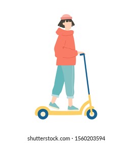 A young girl rides a scooter. Generation millennials. Walk in the fresh air. Isolated vector illustration on a white background.