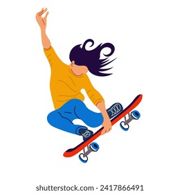 A young girl rides a skateboard, jumps and performs tricks. Poster of the International Skateboarding Day.  Banner with bright people for the holiday on June 21.