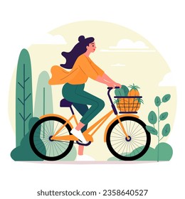 Young Girl Riding Bicycle with Fresh Fruits - Vector Illustration