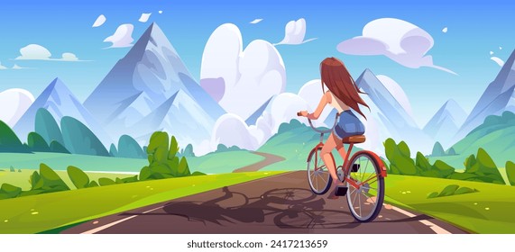 Muchacha montando en bicicleta en la carretera que cruza la pradera con hierba verde y árboles a altas montañas rocosas bajo el cielo azul con nubes. Vector de caricatura paisaje de verano con muchacha conduciendo bicicleta a las colinas