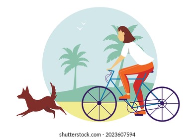Young girl riding a bike with dog on the beach. Vector summer illustration isolated on white background.