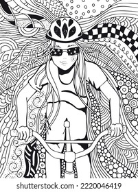 Young Girl  riding a bike at high speed. Anxiety Relief Coloring Book for Adults. Black and White. Bicycle and road. For book 8.5 x 11 inches