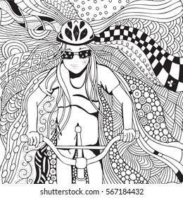 Young Girl  Riding A Bike At High Speed. Coloring Book Page For Adult. Black And White. Zentangle Patterns. Safety Helmet. Bicycle And Road