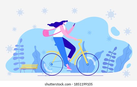 Young girl riding bike wearing medical mask to protect herself from coronavirus. COVID-19 pandemic concept. Flat vector illustration