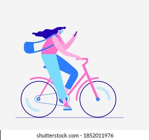 Young girl riding bike wearing medical mask to protect herself from coronavirus. COVID-19 pandemic concept. Flat vector illustration