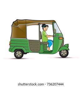 young girl riding a green color three wheeler-vector drawing