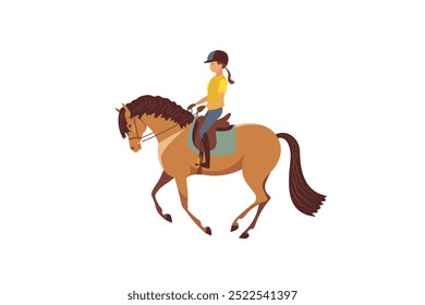 A young girl riding a horse, wearing a helmet for safety